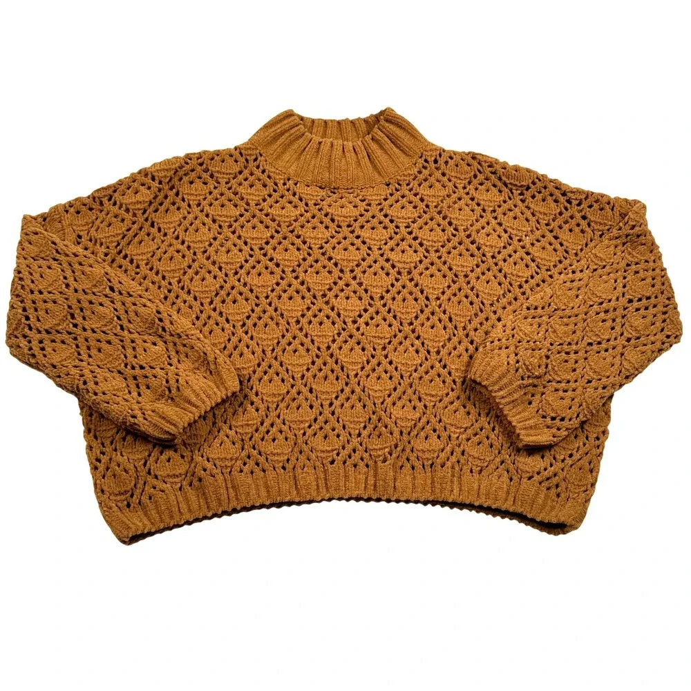 POL Sweater Womens Small Brown Open Knit Crochet Mock Neck Shirt Cropped JST634C - Picture 1 of 7
